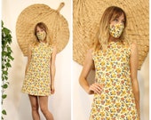Vntg 1960s Micro Floral, Cotton, Mini Shift Dress with Matching Mask