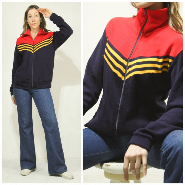 M-Lg. Vintage 1970s Zip up Sweater in Navy Blue, Red & Yellow Stripe