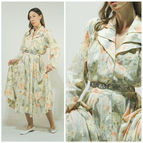 Sm. Vintage 1980s Muted Grey & Peach Floral Dress