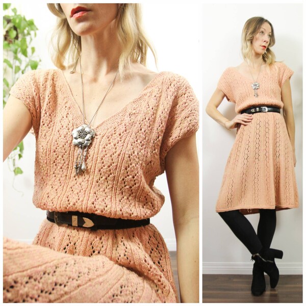 M-Lg Handknit Vintage Midi Dress in Peachy Pink