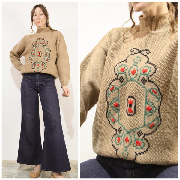 M. Vintage 1990s Merino Wool, Cable Knit Sweater // Liz Claiborne Pullover with Folk Art Pattern