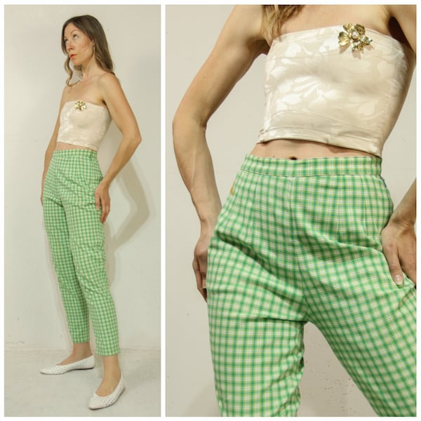 27"-28" Waist Vintage 60s / 70s Green & White Plaid Cigarette Pants // High Rise, Side Zipper Spring trousers