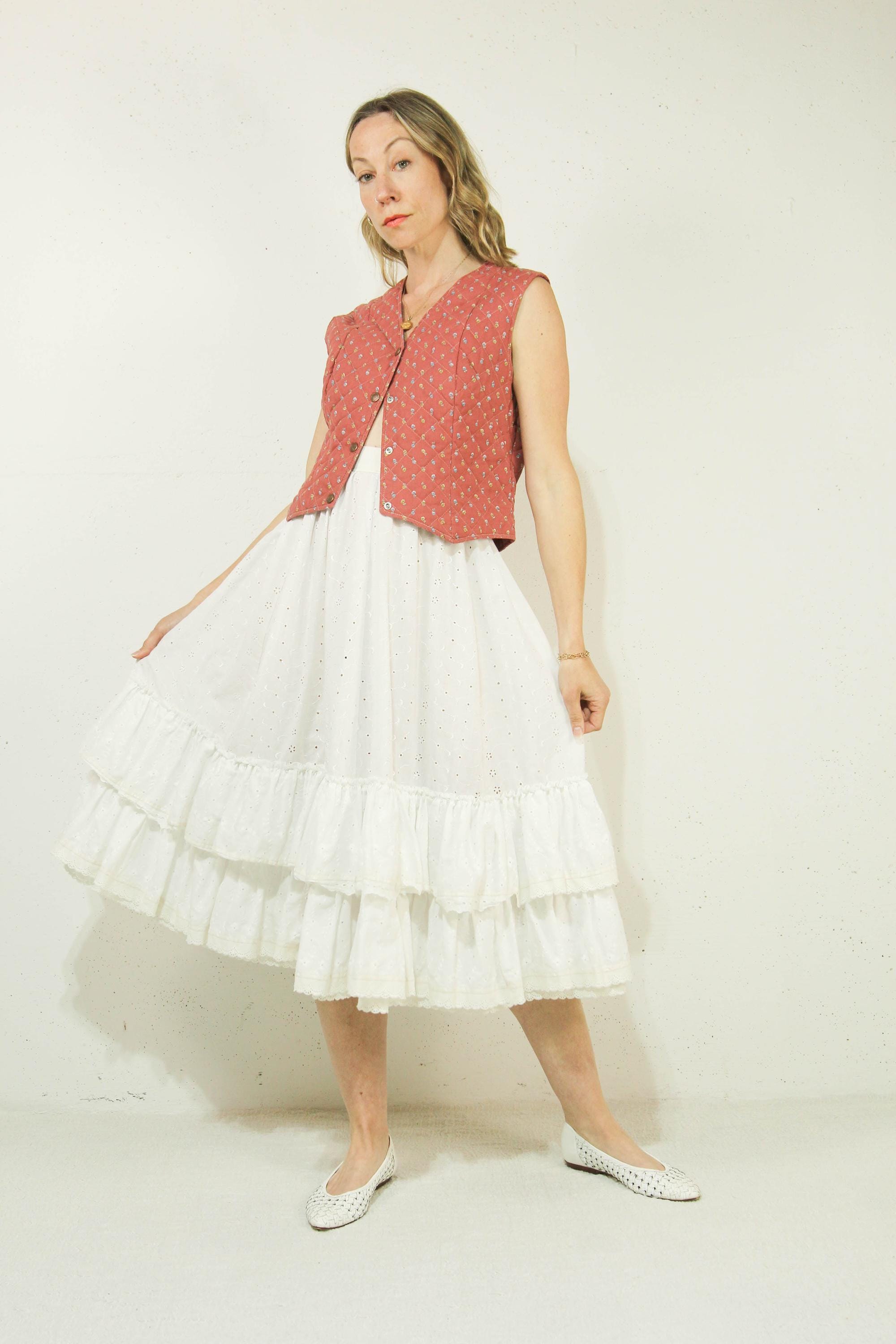 Saia midi em camadas, 67 cm, cintura alta, estilo anos 70/80