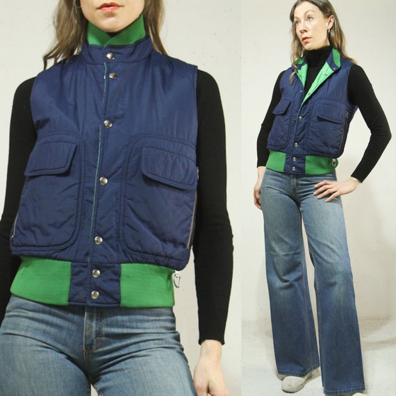 Sm. 1970s Navy Blue & Kelly Green Vest // Mid Wei… - image 8