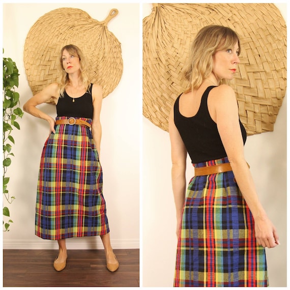 Vintage 1970s Handmade Rainbow Plaid Maxi Skirt