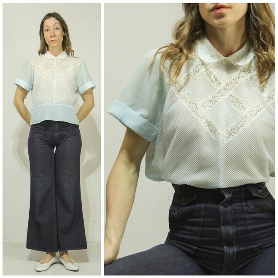 M. Vintage 1950s Sheer Muted Blue, Lace & Chiffon… - image 1