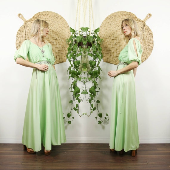 1970s Chartreuse Green Maxi Dress