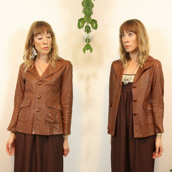 1970s Brown Leather Blazer Coat Jacket