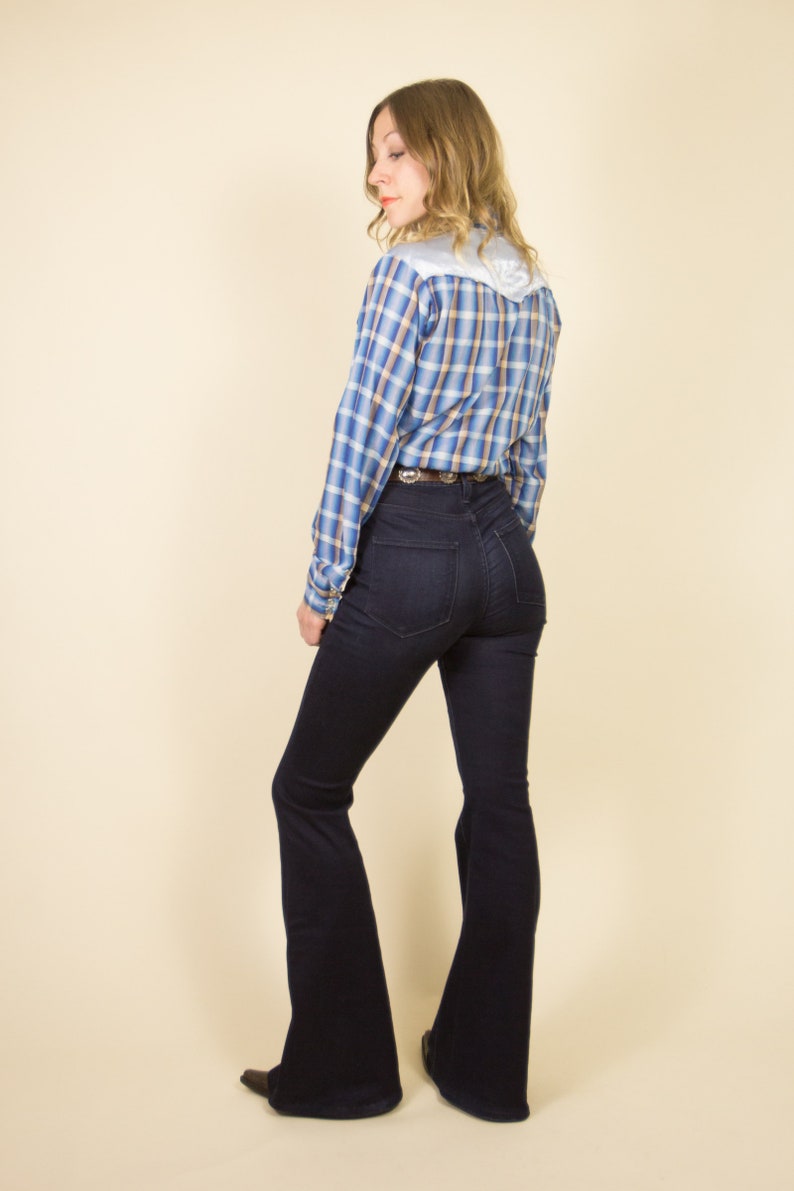 Vintage 1970s Baby Blue Satin /& Plaid Western Button up Blouse Unisex Western Blouse