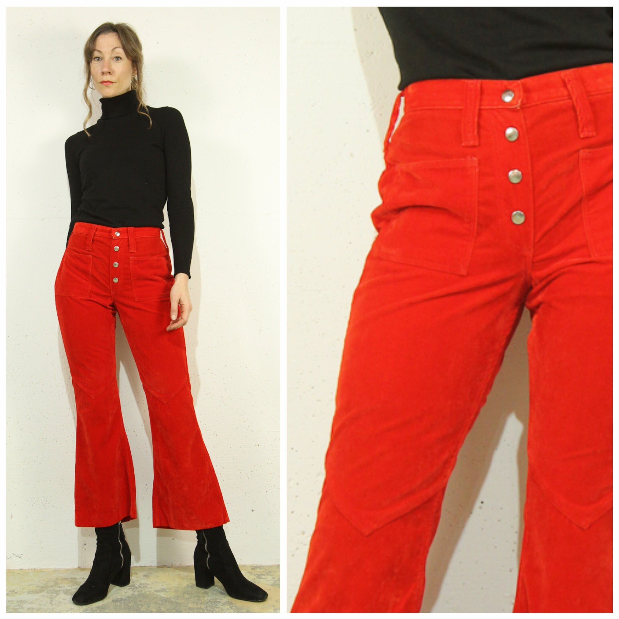 Vintage 1970s Red Velvet Bell Bottoms W28