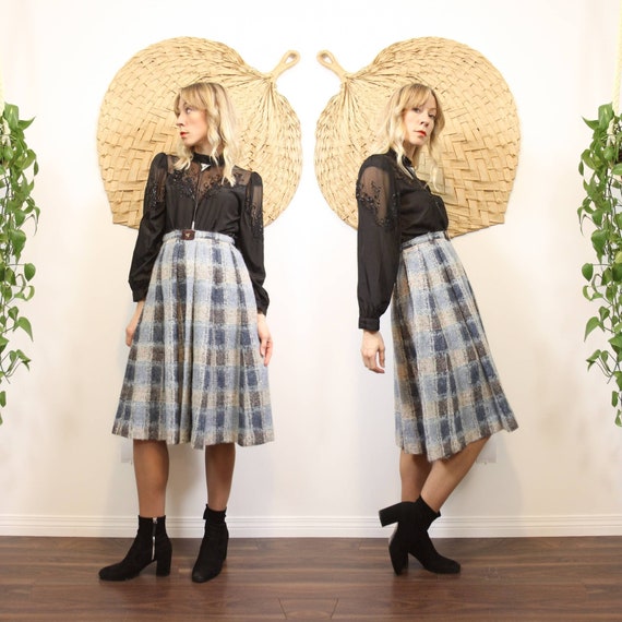 1960s Blue & White, Woven Plaid Pleated Skirt