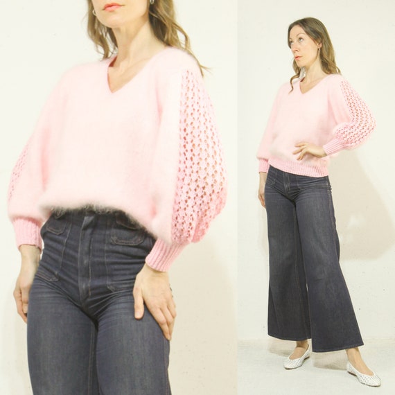 M Vintage 1980s Pink Angora and Crochet Knit Spri… - image 7