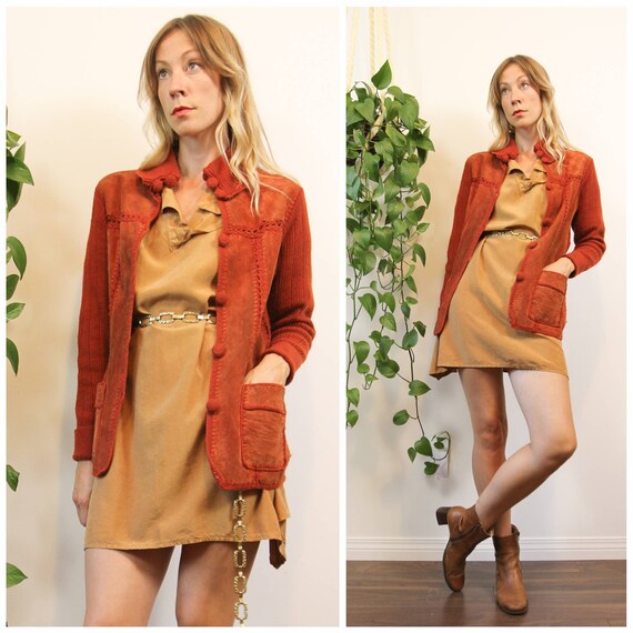 Vntg 1970s Rusted Red Suede & Knit Sweater Jacket