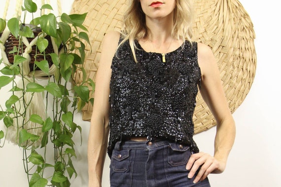 1960s Black Sequin Beaded Flapper Style Sleeveless Top Etsy Canada