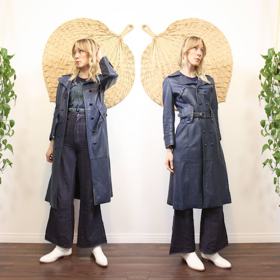 1970s Blue Leather Trench with Brass Studs