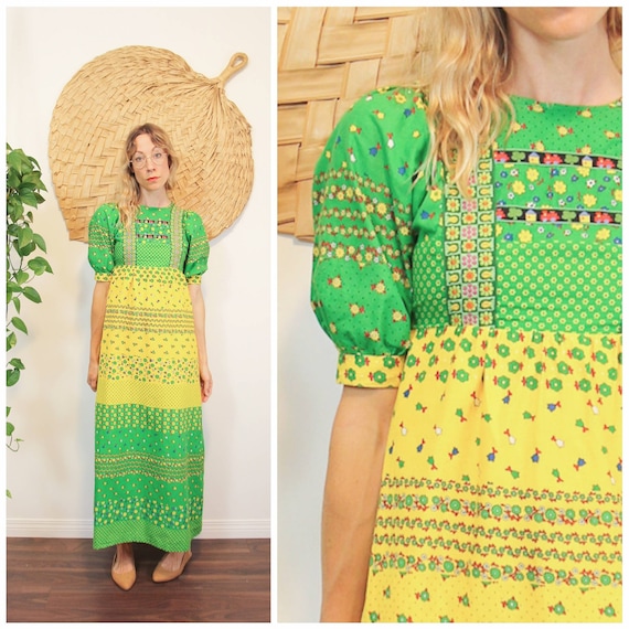 Vintage 1970s Green & Yellow Prairie Dress