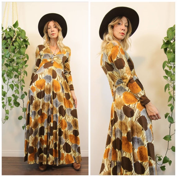 1970s Forest Motif Maxi Dress