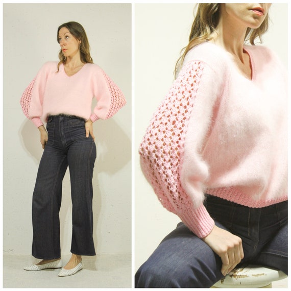 M Vintage 1980s Pink Angora and Crochet Knit Spri… - image 1