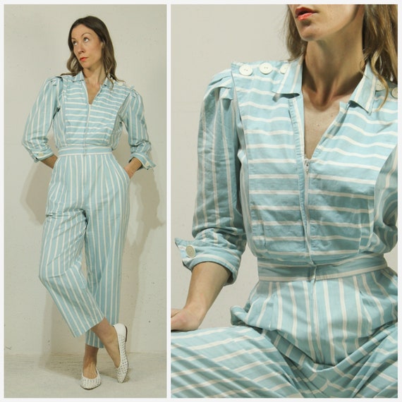 Sm. Vintage 1980s Pale Blue & White Cotton Jumpsu… - image 1