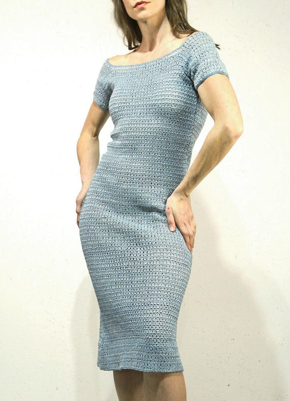 Sm-M 40s 1950s Braided Raffia, Slate Blue Cocktail, Wiggle Dress