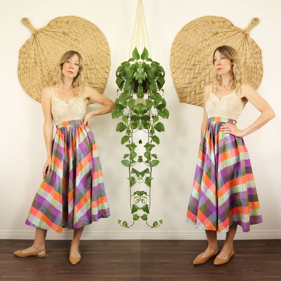 Vntg 1950s Silk Check Circle Skirt // Rainbow Spri
