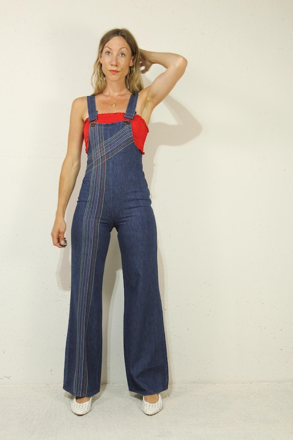 Xxs-xs 1970s Rainbow Embroidered Dark Blue Denim Overalls // Bell