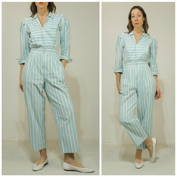 Sm. Vintage 1980s Pale Blue & White Cotton Jumpsu… - image 10