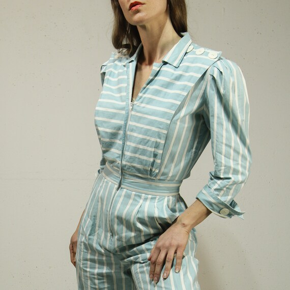 Sm. Vintage 1980s Pale Blue & White Cotton Jumpsu… - image 9