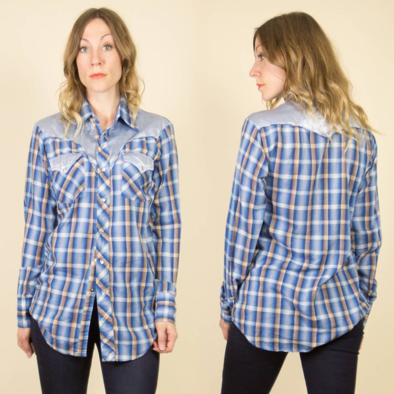 Vintage 1970s Baby Blue Satin /& Plaid Western Button up Blouse Unisex Western Blouse