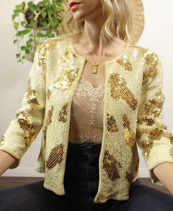 theglasscabinvintage Vintage 90s Iridescent Ivory \u0026 Gold Sequin and Silk Cardigan