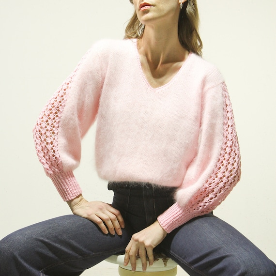 M Vintage 1980s Pink Angora and Crochet Knit Spri… - image 5