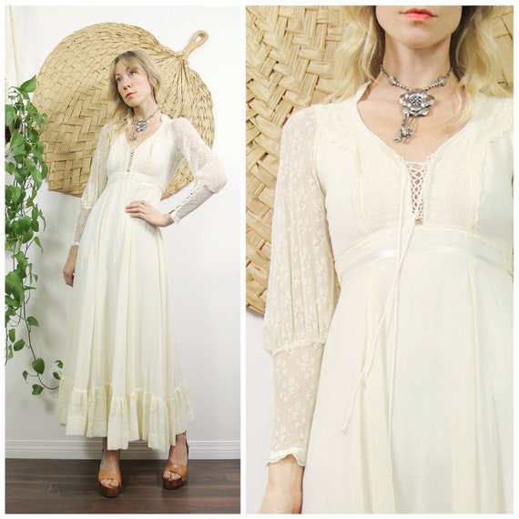 1970s Lace Sleeve & Cotton Gauze Gunne Sax Dress