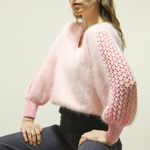 M Vintage 1980s Pink Angora and Crochet Knit Spri… - image 8