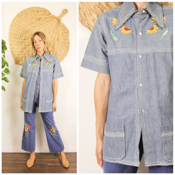 Vintage 1970s Embroidered Denim Chore Coat // Blue