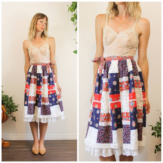 1970s Patchwork Floral & Lace Wrap Skirt