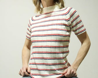Sm-M 1960s Frühling Strick Top Aline // Weiss, Blau & Rot gestreift