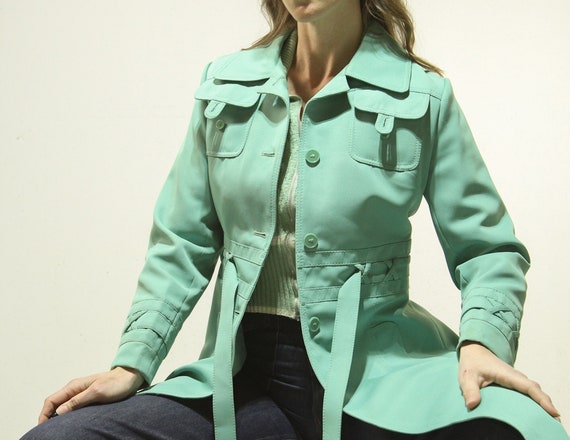 Sm. Vintage 1960s Sea-foam Green Trench Coat With Braided Sm. Vintage 1960s Sea-foam Green Trench Coat With Braided