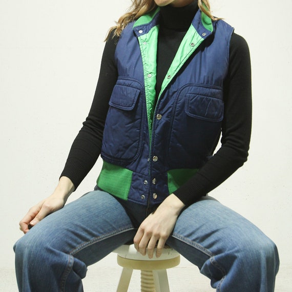 Sm. 1970s Navy Blue & Kelly Green Vest // Mid Wei… - image 5