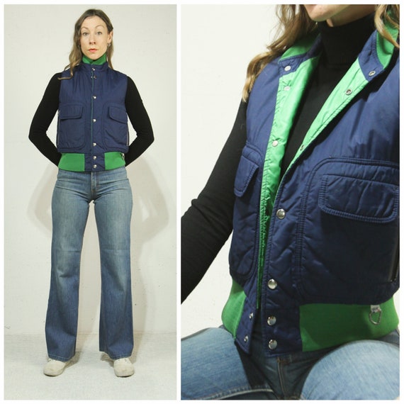 Sm. 1970s Navy Blue & Kelly Green Vest // Mid Wei… - image 1