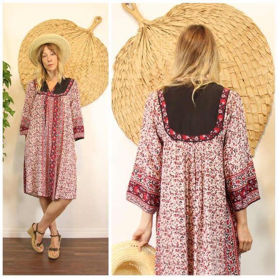 Vntg 70s Indian Cotton Gauze Bohemian Summer Dress
