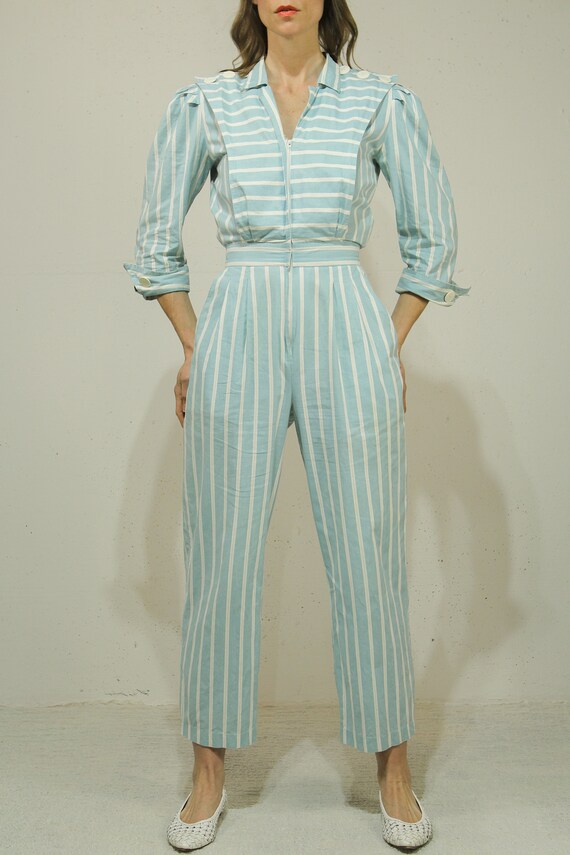 Sm. Vintage 1980s Pale Blue & White Cotton Jumpsu… - image 4