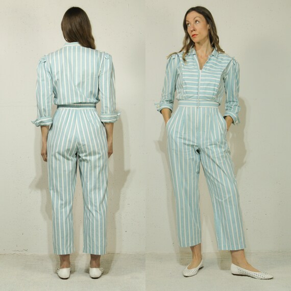 Sm. Vintage 1980s Pale Blue & White Cotton Jumpsu… - image 3