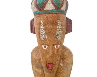 Wood Carving, Vintage Statue with Horns, Primitive Style, Paint and Grass Skirt, Island Native, 20" Tall, Original Art