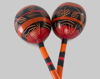 Vintage Hand Etched Wooden Maracas | Set of 2 Colourful Shakers | Percussion Instrument | Travel Souvenir