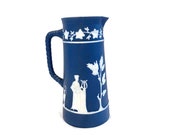 Mid Century Wedgwood Style Pottery Pitcher Decorative Blue Grecian Style Vase Jasperware Style Blue and White Art Pottery