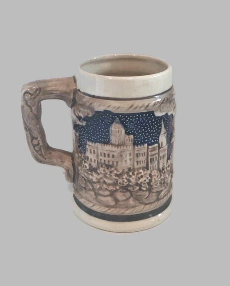 Vintage Beer Mug, Ceramic Stein, Made in Japan, Old World Motif, Nice Tones of Blue and Brown