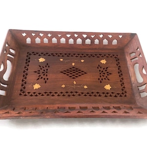 Vintage Indian Rosewood Tray – Hand-Carved Wooden Serving Tray with Brass Inlay – Boho Decor – Handmade India