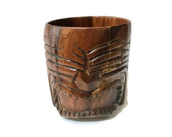 Taza tiki vintage de madera tallada, decoración hawaiana, soporte para plantas de bar tiki