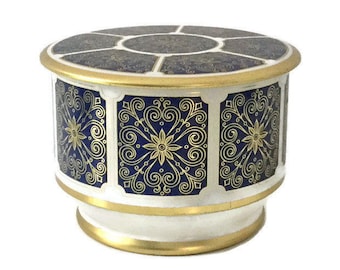 Caja de hojalata litografiada vintage, bote azul y dorado, contenedor de almacenamiento