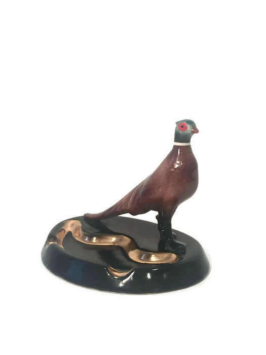 Mid Century Pheasant Ashtray, Black and Gold Ceramic with Stylized Bird